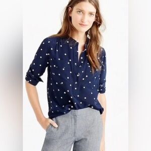 J.CREW Silk Polka Dot Popover Top Navy/White SZ 8